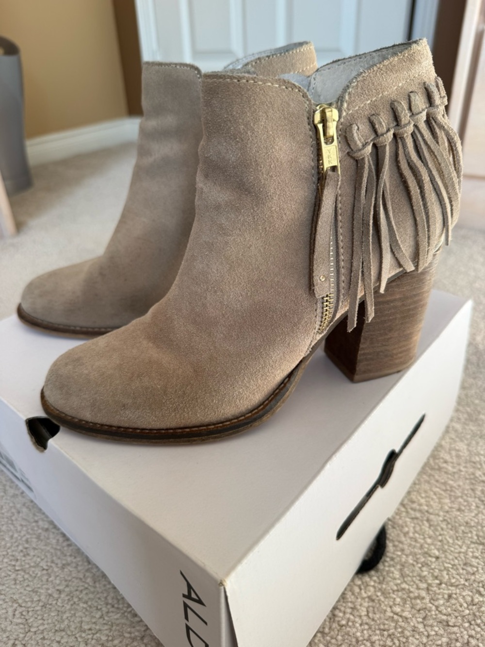 Aldo Taupe Suede Fringe Ankle Booties with Gold Zip